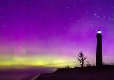 Image of Meteors and Aurora Borealis over Lake Michigan